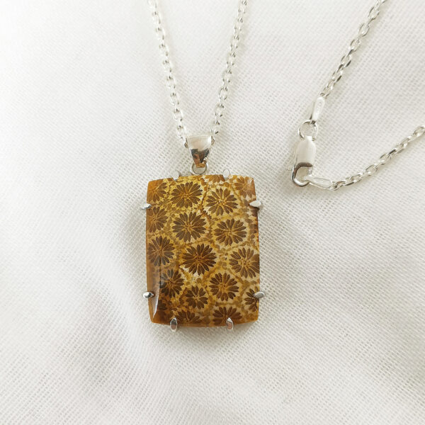 Pendentif Corail Fossilisé orange Argent